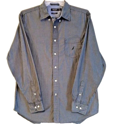 NAUTICA - Camisa de vestir gris con rayas azules - Talla para hombre: GRANDE ajuste clásico Foto 1 de 4