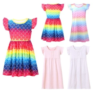 Girl Sleepwear Children Rainbow Mermaid Scales Summer Casual Sundress Nightdress - Picture 1 of 35