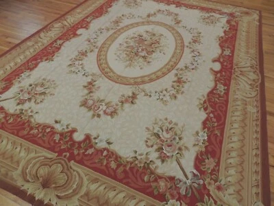 Alfombra 9x12 Francesa Aubusson Floral Beige Dorado Rojo Medallón Lana Anudada a Mano Foto 1 de 4