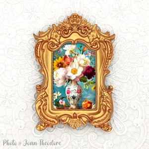 Jarrón de flores coloridas mini impresión artística en oro cálido estilo vintage marco ornamentado - Imagen 1 de 2