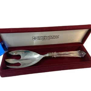 Silver Plated Serving Fork International Silver Co. 24% Lead Crystal Handle Case - Picture 1 of 6
