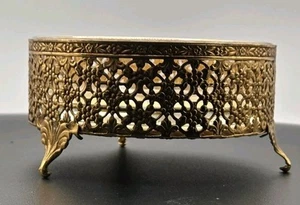 Trinket Jewelry Flocked Box Vintage Ormolu Gold Filigree Clear Glass Round - Picture 1 of 6