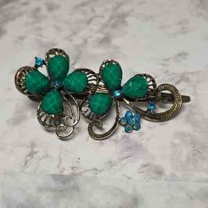 Beaded Bejeweled Rhinestone Retro Green/Blue Burnished Gold 4" no slip Hair Clip - Picture 1 of 14