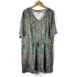 Cato Live Well Womens Shirt Dress Size 22/24W Teal Tribal Drawstring V-Neck - Picture 1 of 9