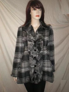 JOLT Junior's Ruffle Front Coat Plaid Gray Black M - Picture 1 of 8