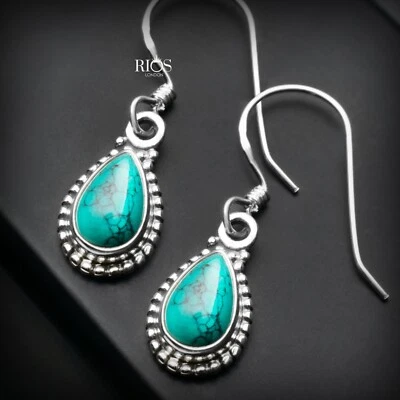 925 Sterling Silver Pear Turquoise Dangle Earrings Ear Drop Studs Gift Boxed - Image 1 of 4