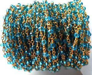 1,3,5 Feet Blue Topaz Hydro Beads Rosary Chain Faceted Rondelle Silver Gold Gun