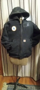 Vtg Carhartt Heavy Work Jacket Quilt Lined & Hood w SZ L w Company Logo J140-BLK - Picture 1 of 9