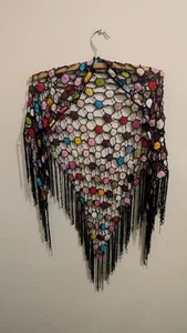 90s Vintage Crocheted Triangular Shawl Black & Multicolor Retro - Recycled - Picture 1 of 8