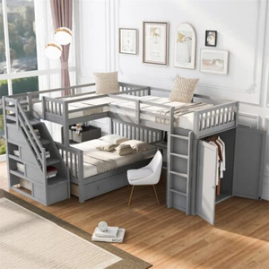 Twin-Twin over Full Size L-Shaped Bunk Bed w/Portable Desk,3 Drawers & Wardrobe - Picture 1 of 22