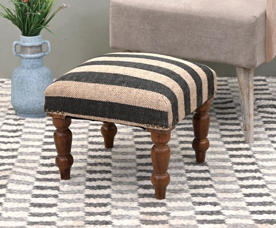 Handcrafted Acacia Wood Stool | Decorative Kilim Upholstered Pouf Footstool - Image 1 of 4
