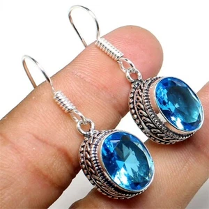 Swiss Blue Topaz Gemstone Handmade 925 Sterling Silver Jewelry Earring Size 1.2" - Picture 1 of 1