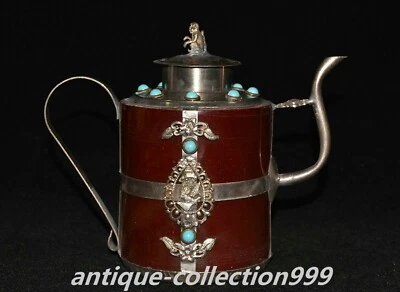 Antiguo Tíbet Tíbet Jade Rojo Plata Gemas Dragón Fénix Mono Vino Tetera Bandera Foto 1 de 4