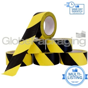 STRONG VINYL PVC HAZARD WARNING TAPE YELLOW / BLACK STRIPE 50mm x 33M ALL QTY'S - Picture 1 of 10