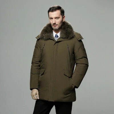 Men Duck Down Fur Hooded Coat Puffer Parka Jacket Thicken Winter Ski Black  - Image 1 of 4