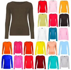  Long Sleeve Round Neck Plain Basic ladies Kids Girls Women's Stretch T-Shirt - Picture 1 of 17