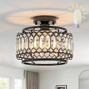 Modern Black Crystal Flush Mount Ceiling Light, LED, Dimmable, 11.4", Easy Insta - Picture 1 of 7