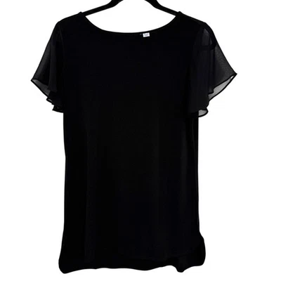 Susan Graver Chiffon Flutter Sleeve Top Size XS Black Slinky Knit Roundneck - Image 1 of 4