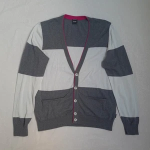 Hugo Boss Mens Pima Cotton Cardigan Size L Striped Lightweight Pockets Designer - Picture 1 of 20