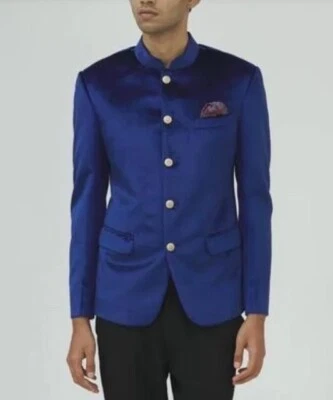 Chaqueta Blazer Jodhpuri Para Hombre India Bandhgala Cuello Mandarín Azul Terciopelo Foto 1 de 4