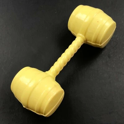 Vintage Baby Rattle Toy Yellow Barrel Rope Handle 4" 1950s 1960s Hard Plastic  - Image 1 of 4