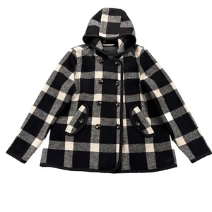 WoolRich Coat Womens L Hooded Wool Blend Black White Buffalo Check Wood Buttons - Picture 1 of 15