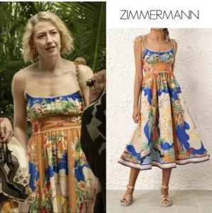White Lotus Zimmermann Alight Picnic Linen Midi Dress Nautical Map US 10 AU 3 M - Picture 1 of 13