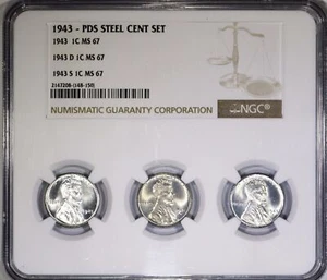 1943-PDS Three Piece Steel Cent Set NGC MS-67 - Picture 1 of 8