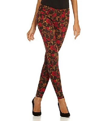 HUE U13843 Deep Red Abstract Floral Stretch Denim Jeans Leggings, S - MSRP $44 - Image 1 of 3
