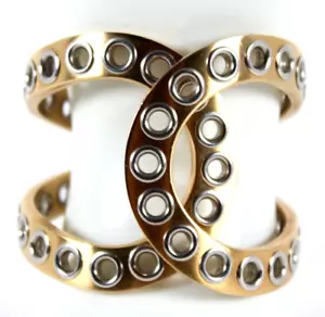 CHANEL 16A Two-Tone Gold Metal & Silver Grommet Detail CC Hinged Cuff Bracelet - Picture 1 of 12