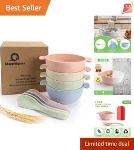 Stackable Unbreakable Kids Bowls - 4 Piece Wheat Straw Set with 14 Oz Capacity - Picture 1 of 11