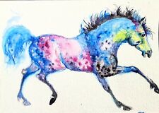 Signed Original watercolor painting ,equine,blue Horse running art,equestrian