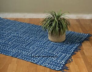 3.5x6 Ft Rug Cotton Carpet Indigo Blue Large Area Rug Hand Block Print Rag Rug