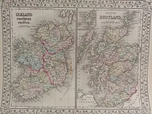 1873 Mitchell's Atlas County Map of Ireland and Scotland Authentic Hand-colored  - Picture 1 of 8