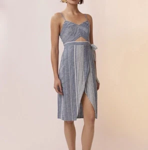 EXPRESS Striped Cut-Out Linen-Blend Midi Dress Size 0 Chambray Blue Faux Wrap - Picture 1 of 13