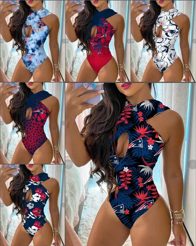 New England Patriots One Piece Halter Neck Bathing Suit Front Cutout Swimwear Cover