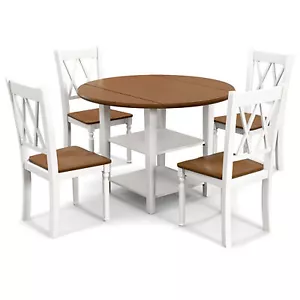 5 Piece Round Dining Kitchen Set w/ Drop Leaf Dining Table Folded & 4 Chairs - Picture 1 of 10