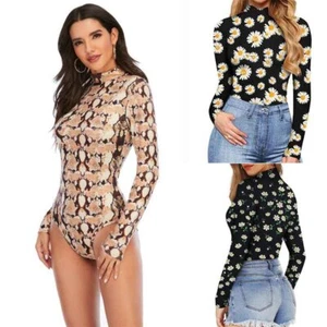 Sexy Damen Ausschnitt Druck High Roll Ärmel Jumpsuits High Waist Turnanzug Oberteil - Bild 1 von 25