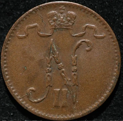 1 Penni 1911 Original Antique Finland Russian Empire Copper coin Nickolas II  - Image 1 of 2