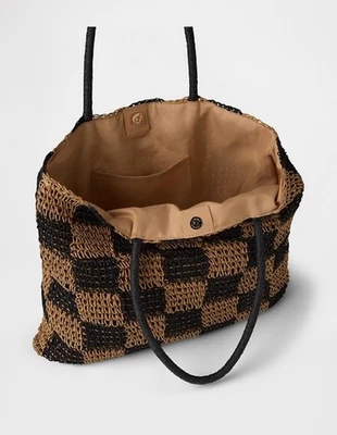 NWT Gap Gingham Straw Tote Shoulder Bag Checkered Black and Brown Large - Image 1 of 2