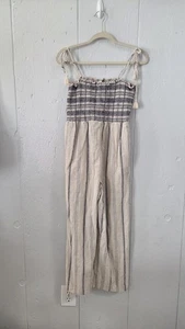 Madewell Leinenmischung gesmokter Cami Jumpsuit Gr. M hellbraun blau Bindebänder Quaste Boho  - Bild 1 von 13