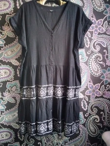 NEXT BLACK IVORY EMBROIDERY BUTTON FLARE LINEN MIX SUMMER BOHO DRESS SIZE XL 18 - Picture 1 of 7