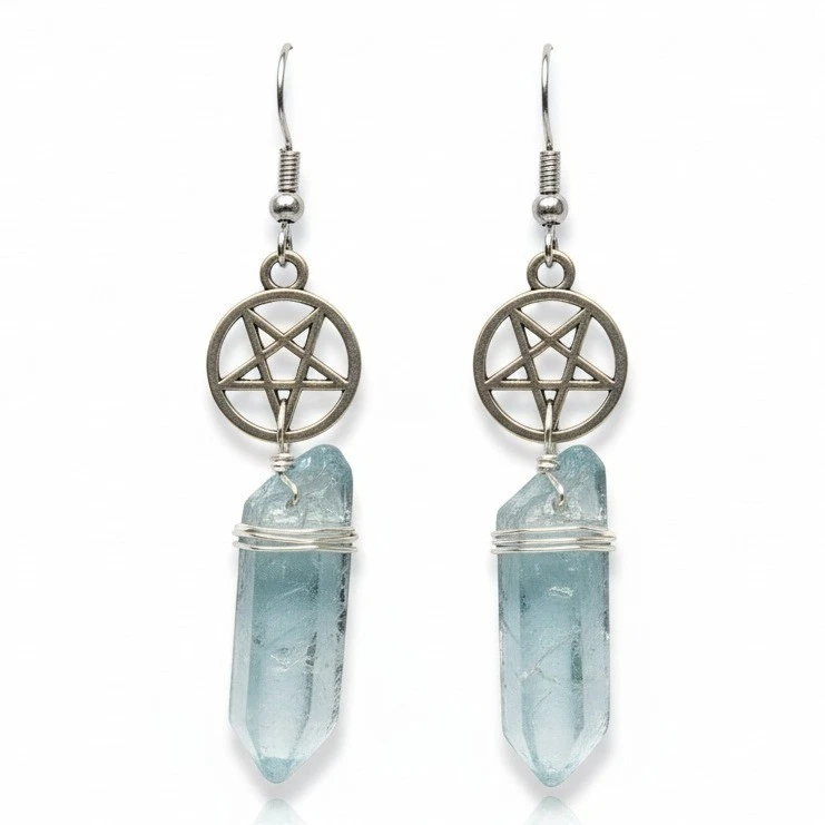 Blue Aura Quartz Crystal Pentagram Wire Wrapped Gemstone Drop Earrings - Image 1 of 1
