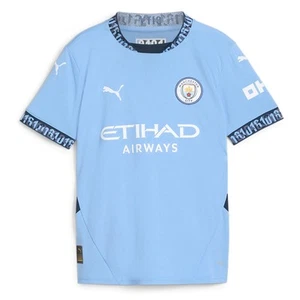 PUMA Mcfc Crew Neck Short Sleeve Home Soccer Jersey Replica Youth Boys Blue 775 - Picture 1 of 2