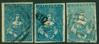 Australia Victoria 1850. 3d blue imperfs x3. Very fine used with full margins