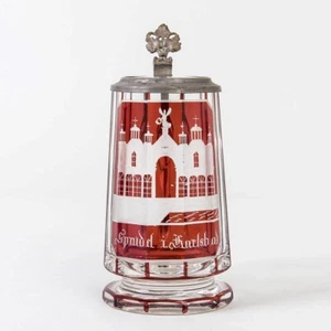 Czech Cased Glass Red Cut to Clear Bohemian Souvenir Mug Hinged Lid 5-7/8" T - Picture 1 of 9