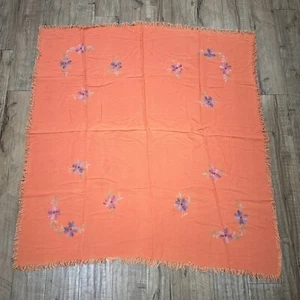 MCM Orange Vintage Cross Stitch Floral Table Cloth 47” x 50” Fringe Edge Charity - Picture 1 of 12