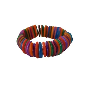 Colorful Rainbow Stretchy Bracelet Flat Bead Bangle Look Tropical Fun Bright  - Picture 1 of 6