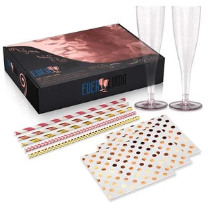 50 Pack Champagne Party Set Rose Gold Glitter Flutes Napkins Paper Straws Reuse - Picture 1 of 8