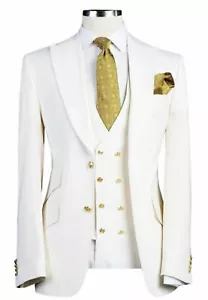 Men White Designer Gold Button Wedding Grooms Dinner Suit (Coat+Vest+Pants) - Picture 1 of 3